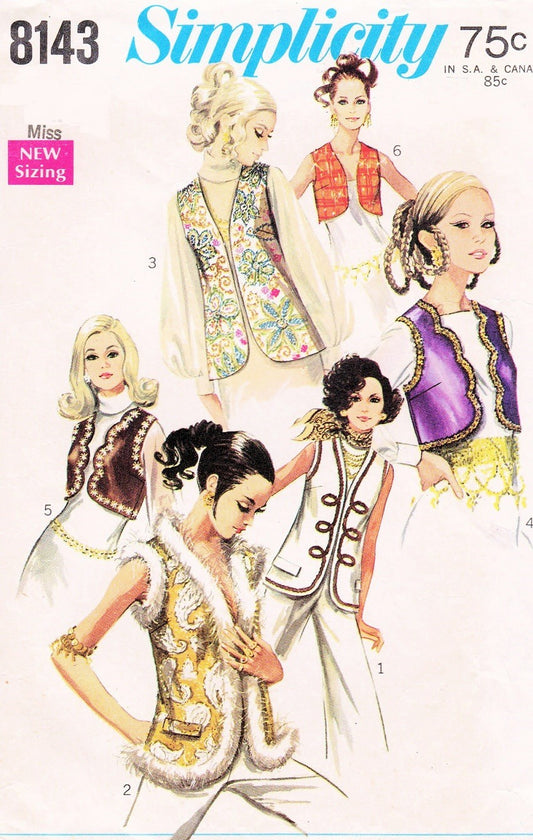 1960s MOD Set of Vests Day or Evening Styles Pattern SIMPLICITY 8143 Bust 32 Vintage Sewing Pattern