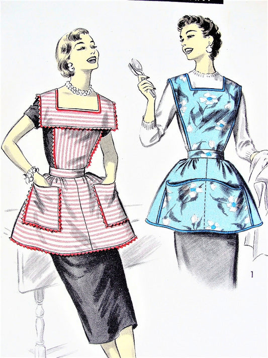 1950s PRETTY Apron Pattern ADVANCE 8163 Bib Top Slip On Aprons Wide Square Collar Bust 31-32  Vintage Sewing Pattern