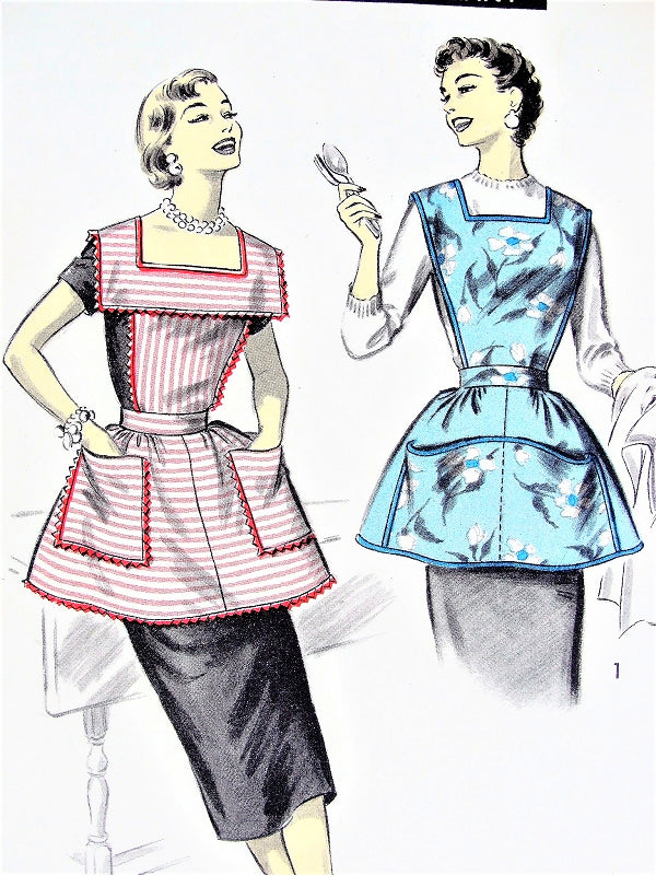1950s PRETTY Apron Pattern ADVANCE 8163 Bib Top Slip On Aprons Wide Square Collar Bust 34-36  Vintage Sewing Pattern
