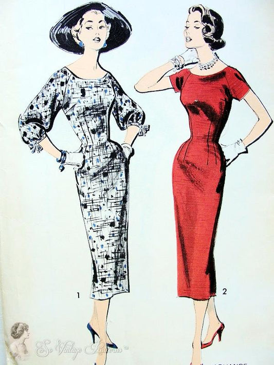 1950s FABULOUS Sheath Dress Pattern  ADVANCE 8321 Day or After 5 Slim Dress Short Sleeves or Lovely Full Sleeves Bust 36 Sew Easy Vintage Sewing Patterns