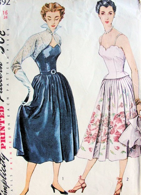 1950s Simplicity Pattern 8392 Evening Dress Fitted Bodice Full Skirt, Striking Wing Collar Short Jacket Bolero