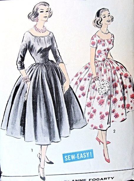 1950s ADVANCE American Designer 8415 Evening Dress Pattern ANNE FOGARTY Cocktail Party Dress Full Skirted Wide Scoop Neckline Easy To Sew Bust 30 Vintage Sewing Pattern FACTORY FOLDED