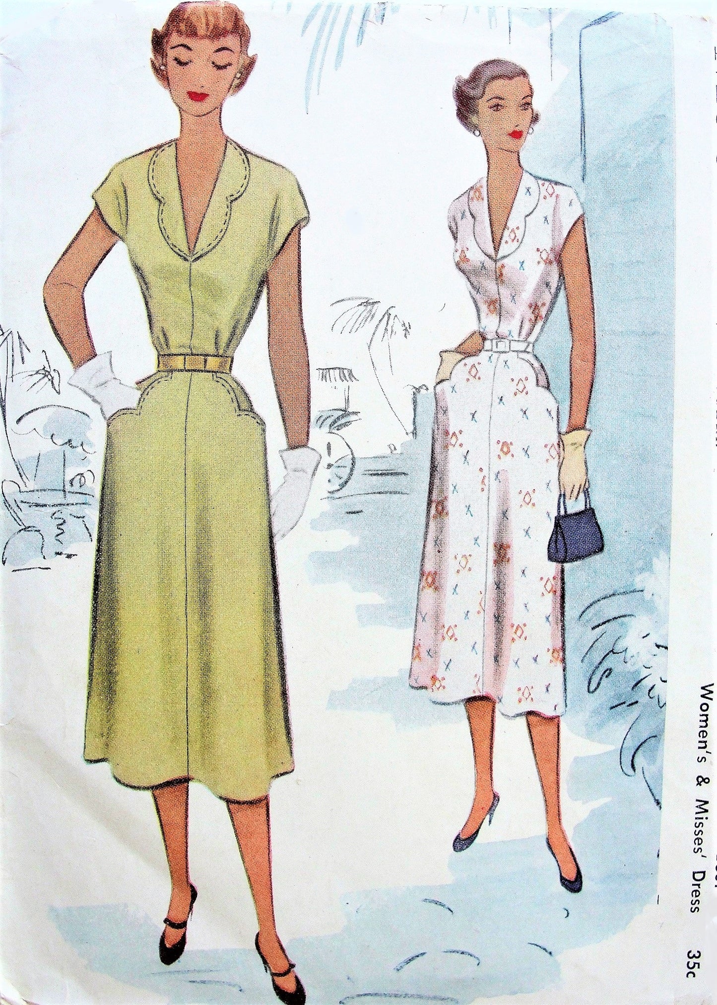 1950s PRETTY Dress Pattern McCALL  8423 Deep V Neckline Scalloped Pockets Bust 32 Vintage Sewing Pattern