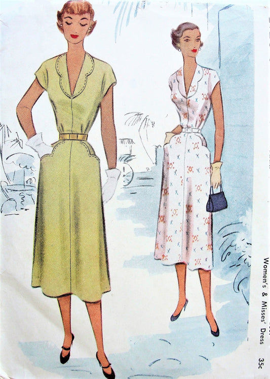 1950s PRETTY Dress Pattern McCALL  8423 Deep V Neckline Scalloped Pockets Bust 32 Vintage Sewing Pattern