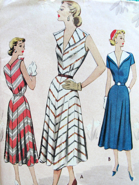 1950s STRIKING Dress Pattern MCCALL 8484 Flattering Wide Collar, Flared Bias Cut Skirt, Bust 32 Vintage Sewing Pattern