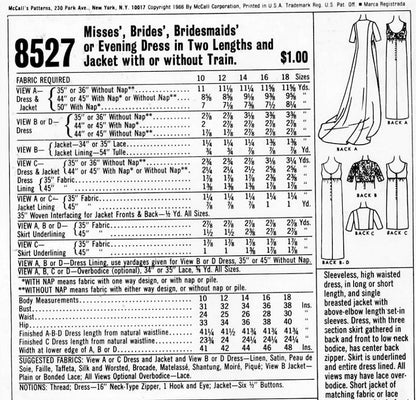 1960s Wedding Dress Bridal Gown Pattern McCalls 8527 Vintage Sewing Pattern Unique Empire Slim Dress Jacket With Long Flowing Train Very Striking Bridal Pattern UNCUT FACTORY FOLDED