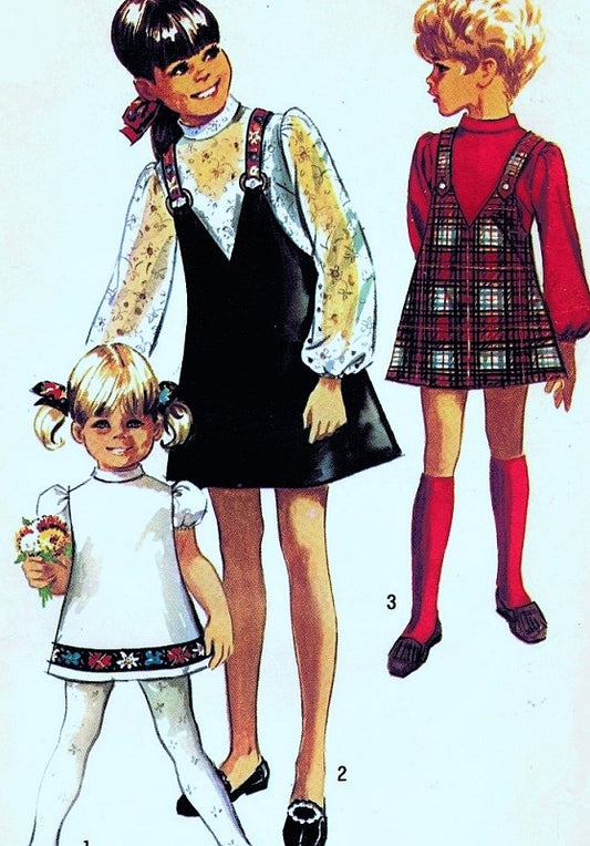 1960s Simplicity 8529 Cute Girls Dress and V Neck Jumper  Size 4 Vintage Sewing Pattern FACTORY FOLDED UNCUT