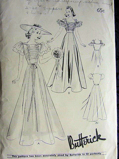1930s BEAUTIFUL EVENING GOWN PATTERN SHIRRED BODICE, RUFFLED or PUFF SLEEVES  BUTTERICK 8547