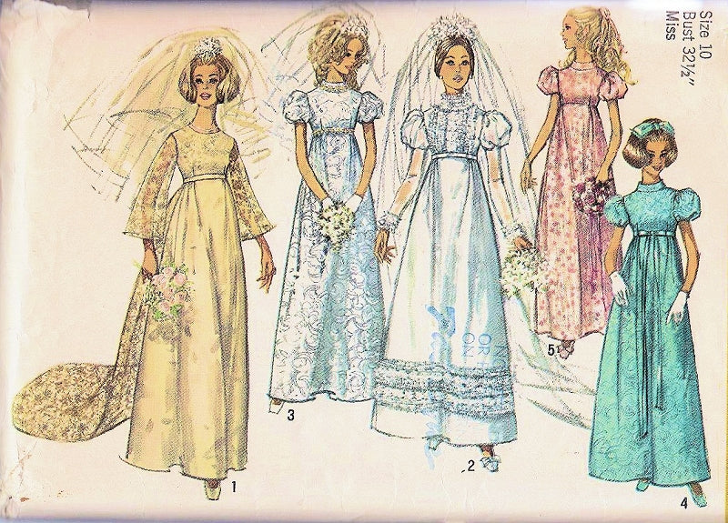 1960s Beautiful Wedding Gown Bridal Dress Pattern Simplicity 8589 FIVE Lovely Romantic Style Versions Empire Waist Detachable Long Train Bust 34 Vintage Sewing Pattern