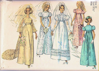 1960s Beautiful Wedding Gown Bridal Dress Pattern SIMPLICITY 8589 FIVE Lovely Romantic Style Versions Empire Waist Detachable Long Train Bust 32 Vintage Sewing Pattern FACTORY FOLDED