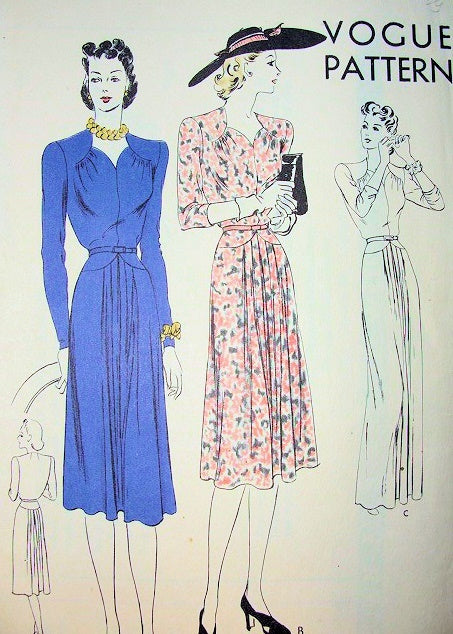 1940s VOGUE PATTERN 8625 FILM NOIR EVENING GOWN or COCKTAIL DINNER DRESS, SLIM SILHOUETTE, BEAUTIFUL DETAILS