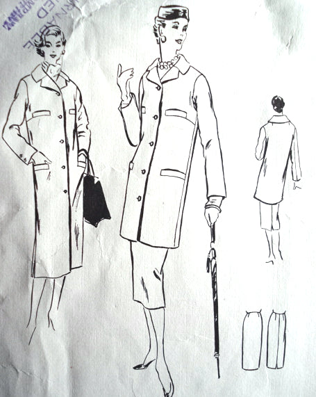 1950s Chic  Slim Coat and Skirt Pattern VOGUE COUTURIER DESIGN 867 Straight Coat In 2 Lengths Slim Skirt Back Vent Bust 32 or 34 Vintage Sewing Pattern