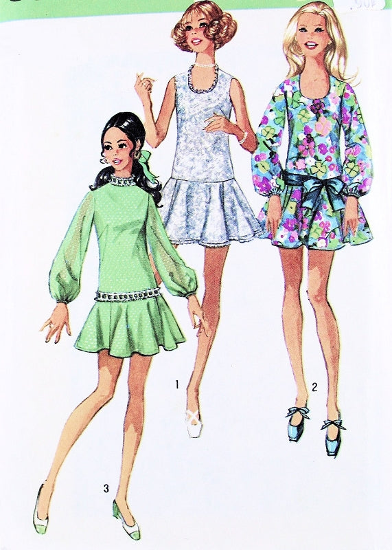 1970s CUTE Drop Waist Flared Skirt Dress Pattern SIMPLICITY 8806 Three Pretty Kawaii Styles Bust 32 Vintage Sewing Pattern FF