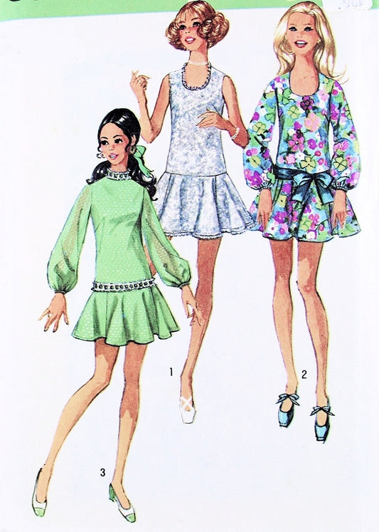1970s CUTE Drop Waist Flared Skirt Dress Pattern SIMPLICITY 8806 Three Pretty Kawaii Styles Bust 32 Vintage Sewing Pattern FF