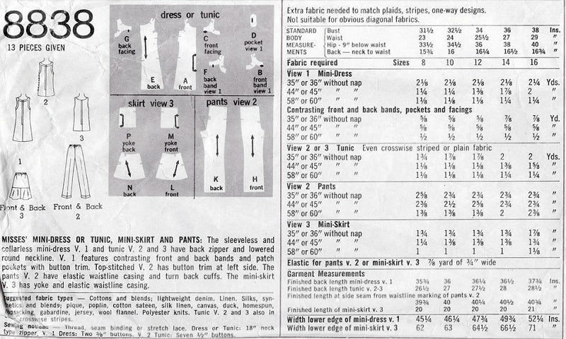 1970s CUTE Sleeveless Mini Dress, Mini Skirt, Tunic and Pants Pattern  Bust 31 or 36 Easy To Sew Simplicity Sewing Pattern 8838 UNCUT FACTORY FOLDED