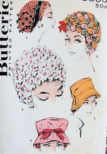 1950s Hats Pattern Butterick 8880  Five High Fashion Styles Fun Floral Wig Hat ,Fedora, Directoire Bonnet Hat Vintage Sewing Pattern
