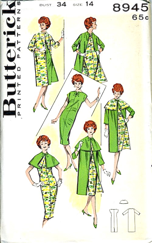 Late 50s VERSATILE Three-Piece Reversible Coat, Cape Collar and Sheath Dress Pattern BUTTERICK 8945  Bust 34 Vintage Sewing Pattern