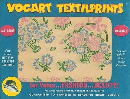VINTAGE VOGART IRON ON FLORAL TRANSFER PINK ROSES BASKETS OF FLOWERS NEVER USED