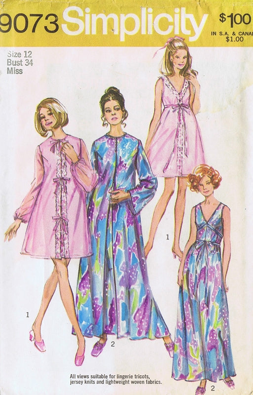 1970s ROMANTIC Peignoir and Nightgown Lingerie Pattern  SIMPLICITY 9073 Two Lengths Plunging V Neckline Robe Has 2 Sleeve Styles Bust 32 Vintage Sewing Pattern UNCUT