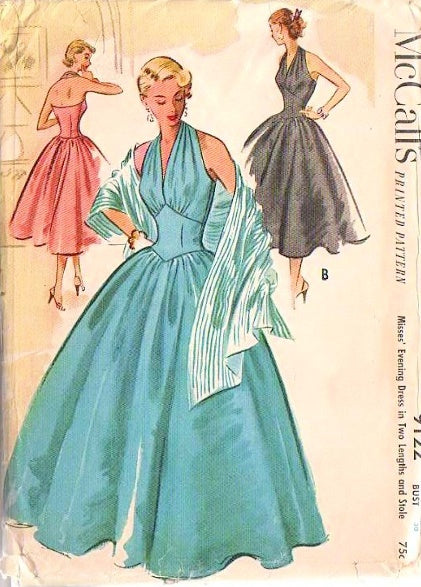1950s GLAM Halter Top Evening Gown Party Dress Pattern McCALLS 9122 Lovely Fitted Bodice,Full Dancing Skirt, So Marilyn Monroe, Bust 32 Vintage Sewing Pattern