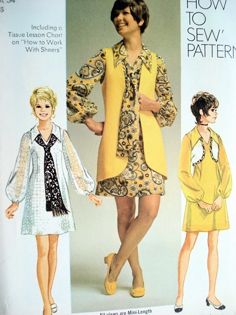 1970s How To Sew Dress Pattern SIMPLICITY 9182 Mini Dress, Bolero Vest and Long Scarf Bust 34 Vintage Sewing Pattern UNCUT