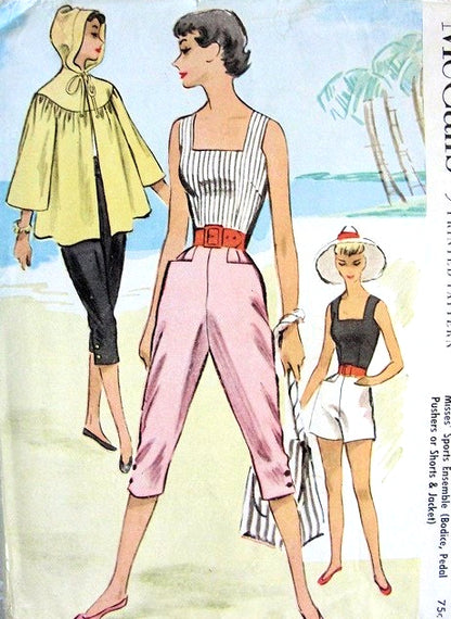 1950s VINTAGE Beachwear Pattern McCALLS 9229 Bodice Top, Capri Pants, Shorts Hooded Jacket Beach Cover Up, Bust 32 Vintage Sewing Pattern
