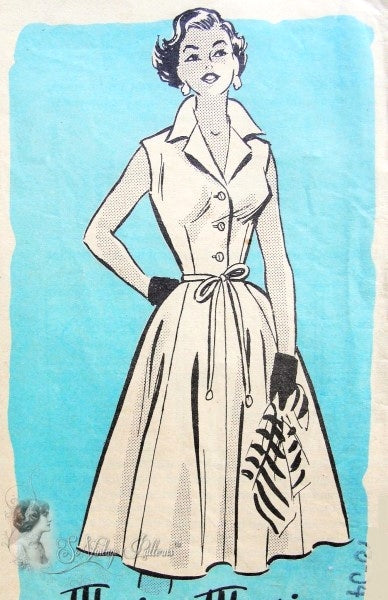1950s ROCKABILLY Fitted Bodice Full Skirt Dress Pattern MARIAN MARTIN 9238 Perky Wing Collar Figure Flattering Design Bust 34 Vintage Sewing Pattern