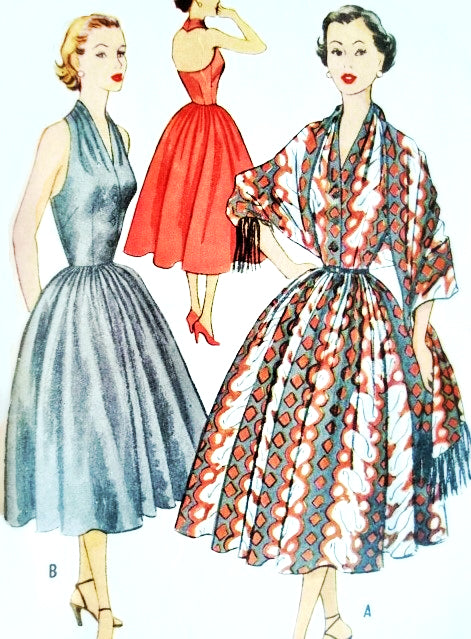 1950s GLAMOROUS Halter Dress and Stole Pattern McCALLS 9241 Marilyn Monroe Style Cocktail Evening Dress Fitted Bodice, Draped Shoulders Full Skirt Bust 34 Vintage Sewing Pattern