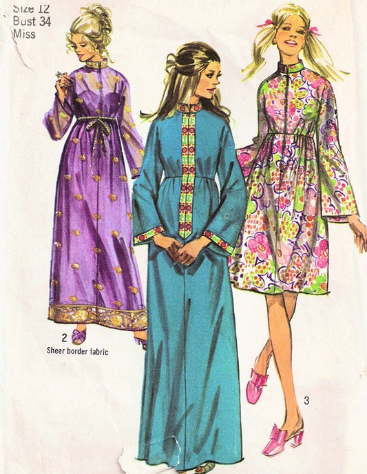 70s FABULOUS Robe Housecoat Pattern SIMPLICITY 9248 Three Styles, 2 Lengths Lounging Hostess Gown or Dress Sheer Border Fabric Version Make From Antique Sari Bust 36 or 38 Vintage Sewing Pattern UNCUT