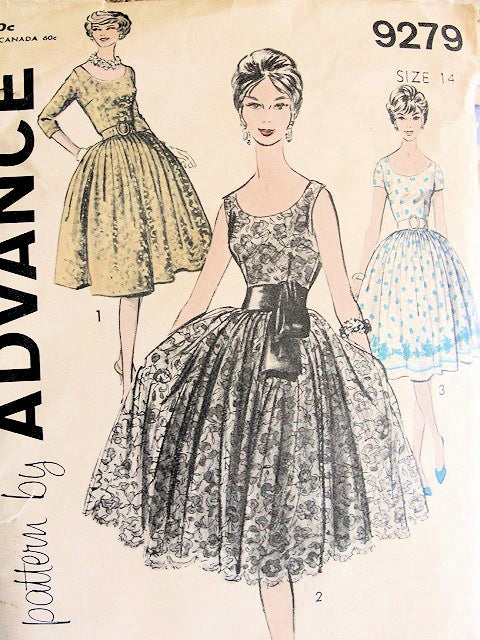 1950s COCKTAIL EVENING DRESS PATTERN LOW SCOOP NECKLINE, DEEP V BACK, FULL DANCING SKIRT ADVANCE 9279 Vintage Sewing Pattern