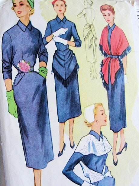 1950s ACCESSORY DRESS PATTERN SLIM DRESS, STOLE HIP DRAPE, CAPE JACKET McCALLS 9287
