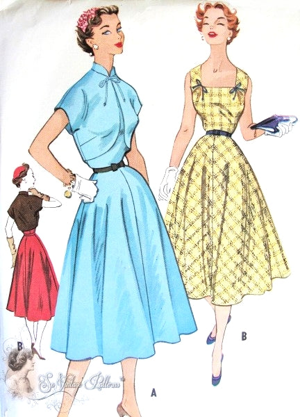 1950s Charming Dress and Bolero Jacket Pattern Full Skirted, Flattering Square Neckline, Cutaway Front Bolero McCalls 9328 Vintage Sewing Pattern Bust 32