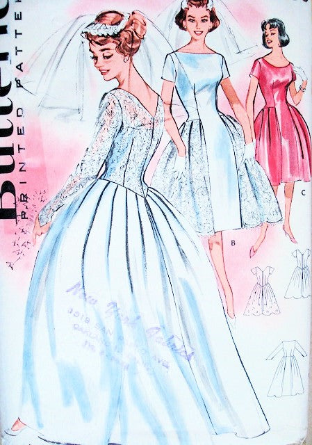 1960 Beautiful Bridal Dress Wedding Gown Pattern Butterick 9337  Three Styles Bateau or Scoop Necklines V Back Bust 34 Vintage Sewing Pattern FACTORY FOLDED