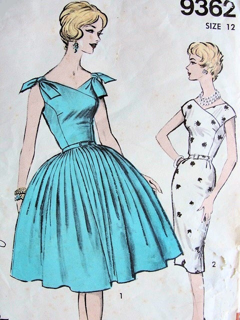 1960s LOVELY Full Skirt or SHEATH Cocktail Dress Pattern Advance 9362  Surplice Bodice Tie Shoulders Version  Stunning Styles Bust 32 Vintage Sewing Pattern