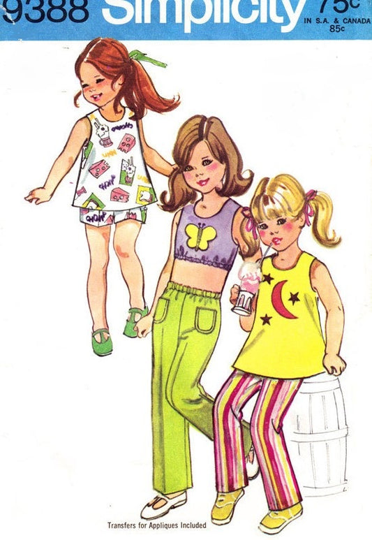 RETRO 70s Little Girls Toddlers Mod Crop Top Tunic, Pants or Shorts Pattern With Cute Applique Transfer Vintage Sewing Pattern Simplicity 9388 Size 2 UNCUT