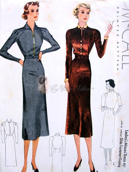 1930s SLEEK Slim Dress Pattern  McCALL 9477 Front Zipper Version, Pretty Pleated Shoulders, Bust 34 Vintage Sewing Pattern