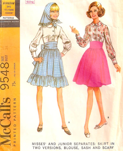 60s Separates Pattern High Waist Skirt 2 Versions, Peter Pan Collar Blouse,Sash and Scarf McCalls 9548 Vintage Sewing Pattern UNCUT
