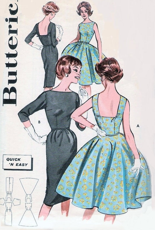 STUNNING 50s Cocktail Evening Dress Pattern Little Black Dress Slim or Full Skirt Versions, Bateau Neckline Low Square Back Mad Men Era Butterick 9569 Quick n Easy Bust 34 Vintage Sewing Pattern