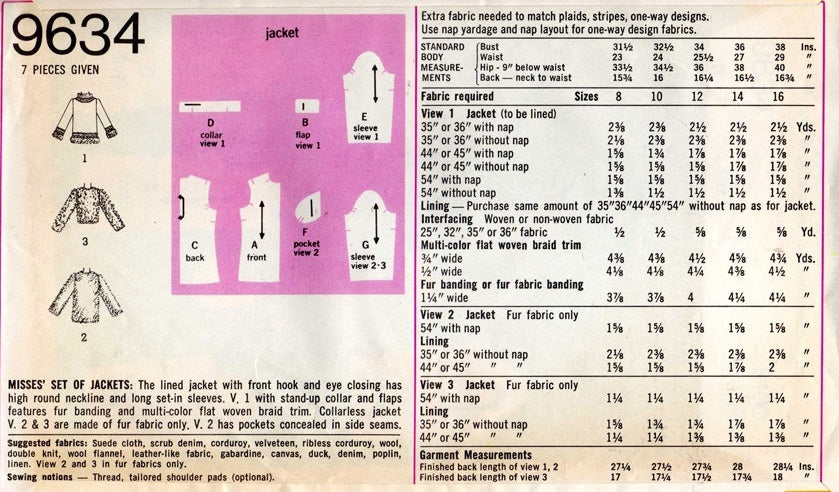 CUTE 1970s Set of  Jackets Pattern SIMPLICITY 9634 Perfect For Faux Furs, Three Fabulous Styles, Bust 32 Vintage Sewing Pattern FACTORY FOLDED
