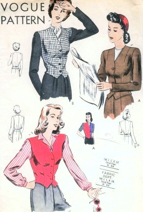 1940s  Waist Coat Style Jackets Pattern Vogue 9658 Vintage Sewing Pattern Adjustable Back Belt, Very Sam From Foyles War