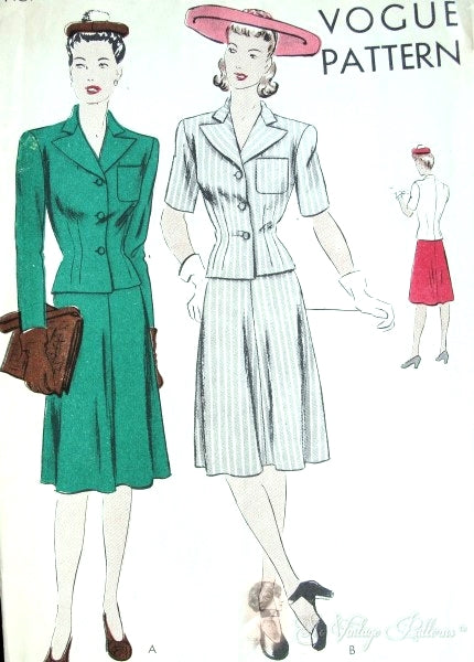 1940s Suit Pattern Easy To Make Vogue 9722 Beautifully Fitted Jacket Notched Collar, Flared 4 Piece Skirt Bust 30