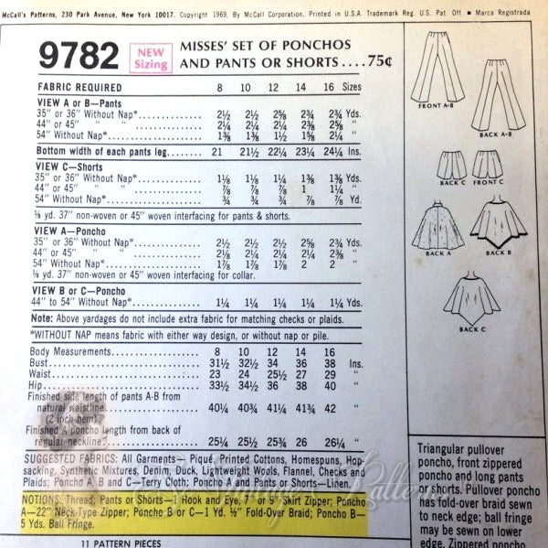 1960s Mod Ponchos Cape Slim Pants and Shorts Pattern McCalls 9782 Vintage Sewing Pattern UNCUT
