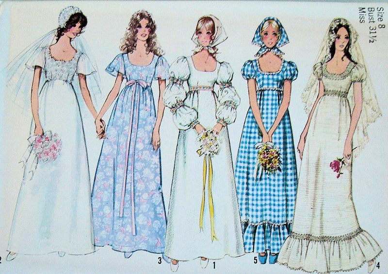 1970s Romantic Boho Wedding Gown Bridal Dress Pattern Simplicity 9825 Lovely Bridesmaid Dress and Scarf Bohemian Style 5 Styles Vintage Sewing Pattern UNCUT