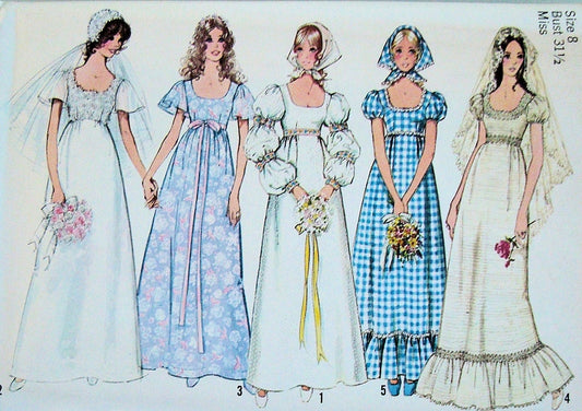 1970s Romantic Boho Wedding Gown Bridal Dress Pattern Simplicity 9825 Lovely Bridesmaid Dress and Scarf Bohemian Style 5 Styles Vintage Sewing Pattern UNCUT