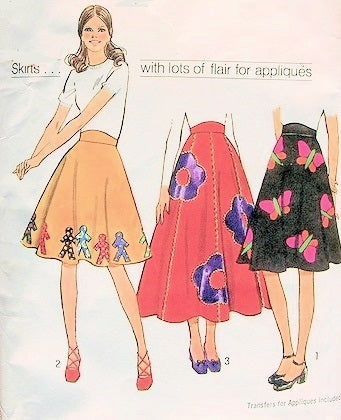 70s FUN Circle Applique Felt Skirt Pattern SIMPLICITY 9856,Two Lengths, Built up Waist,Butterflies, Flowers,Gingerbread People Appliques, Waist 25 Vintage Sewing Pattern FF