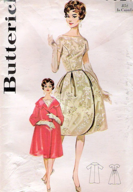 STUNNING 1960s  Audrey Hepburn Cocktail Evening Dress and Classy Clutch Coat Pattern Lovely Basque Bodice Bateau Neckline Bell Shape Skirt Butterick 9927 Vintage Sewing Pattern Bust 36 UNCUT