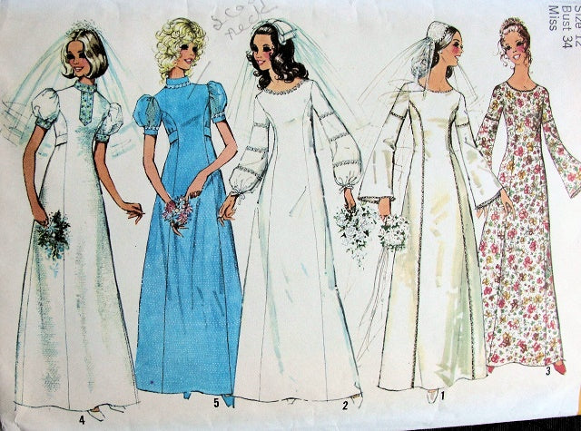 1970s Retro Wedding Dress Bridal Gown Pattern Simplicity 9935 Five Romantic Boho Styles Vintage Sewing Pattern FACTORY FOLDED