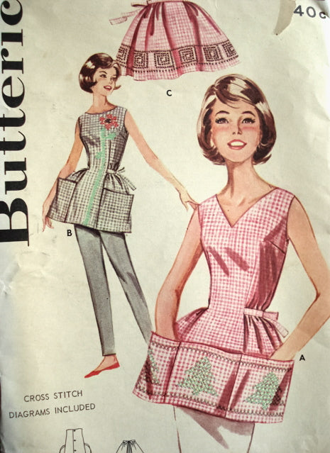 1960s  PRETTY  Cobblers or Half Apron Pattern BUTTERICK 9982 Cross Stitched Aprons in 3 Styles, Medium Size, Vintage Sewing Pattern