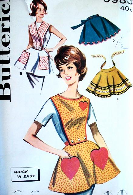 1960s QUICK n EASY Apron Pattern BUTTERICK 9983 Cute Button On Bib and Hostess Aprons 4 Style Versions Vintage Sewing Pattern