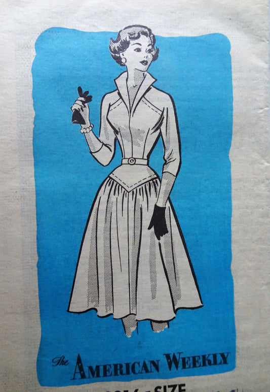 1950s ROCKABILLY Wing collar Dress Pattern AMERICAN WEEKLY 3816 Beautiful Design Day or Party Dress Bust 29 Vintage Sewing Pattern Factory Folded